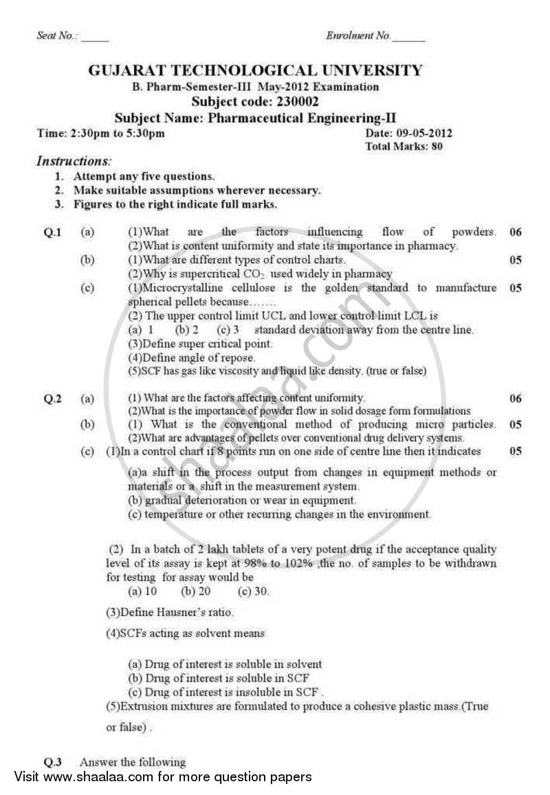Pharmaceutical Engineering 2 2012-2013 - B.Pharm. - Semester 3 - Gujarat Technological University (GTU) question paper with PDF download