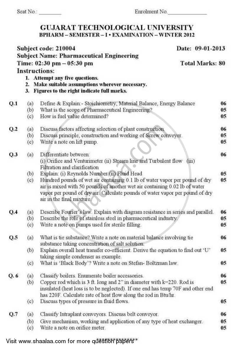 Pharmaceutical Engineering 2012-2013 - B.Pharm. - Semester 1 - Gujarat Technological University (GTU) question paper with PDF download