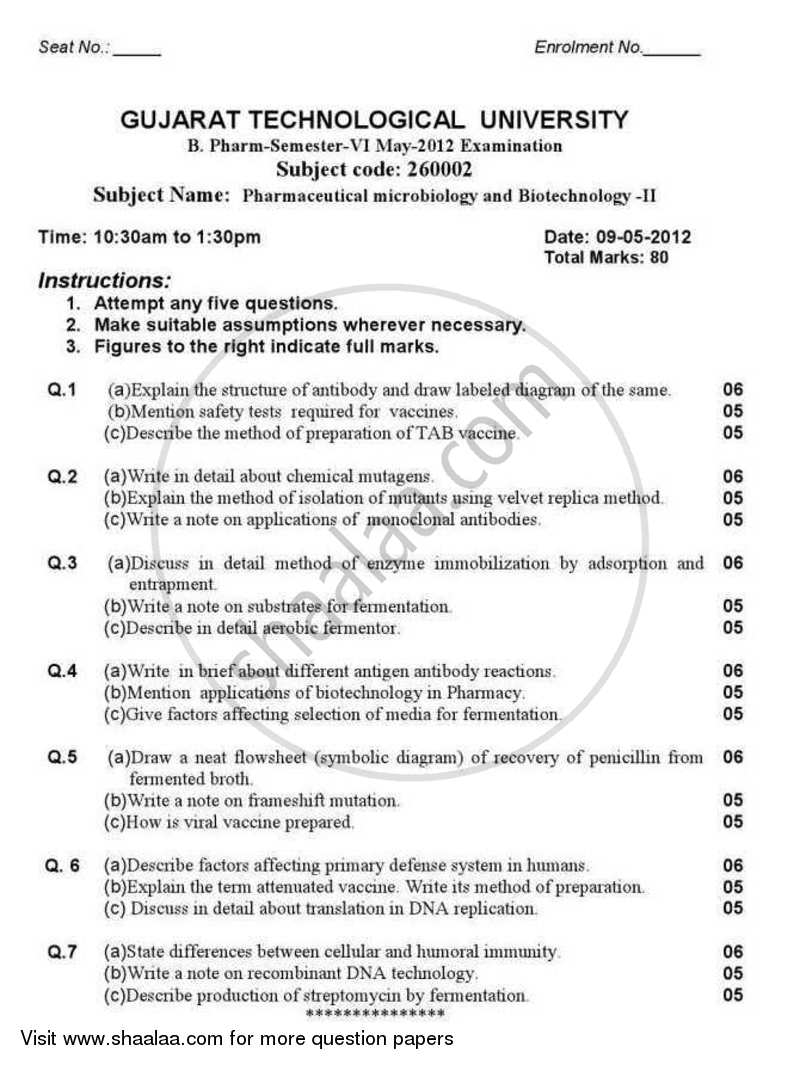 Pharmaceutical Microbiology and Biotechnology 2 2012-2013 - B.Pharm. - Semester 6 - Gujarat Technological University (GTU) question paper with PDF download