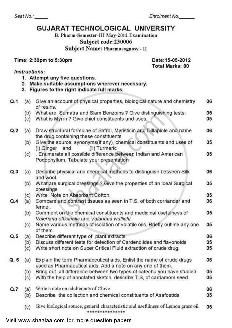 Pharmacognosy 2 2012-2013 - B.Pharm. - Semester 3 - Gujarat Technological University (GTU) question paper with PDF download