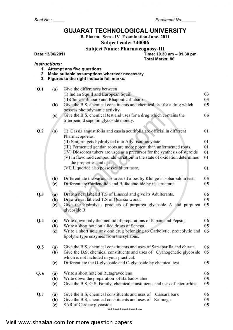 Pharmacognosy 3 2010-2011 - B.Pharm. - Semester 4 - Gujarat Technological University (GTU) question paper with PDF download