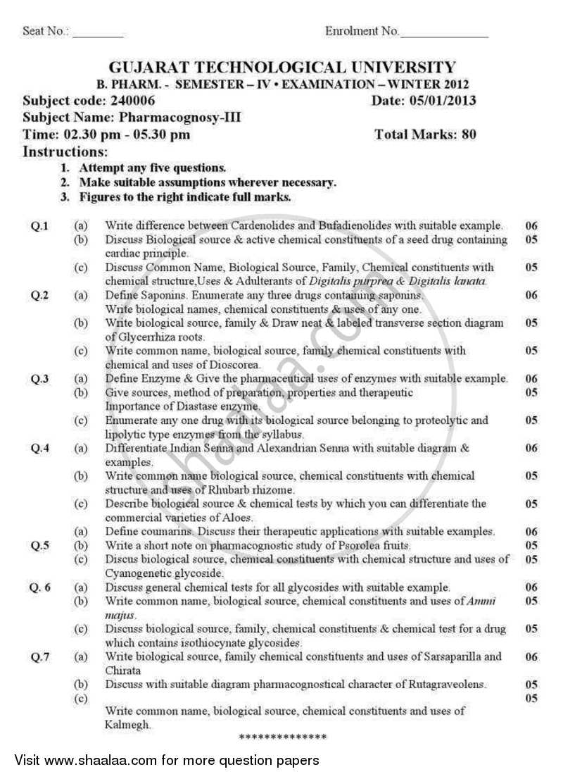 Pharmacognosy 3 2012-2013 - B.Pharm. - Semester 4 - Gujarat Technological University (GTU) question paper with PDF download