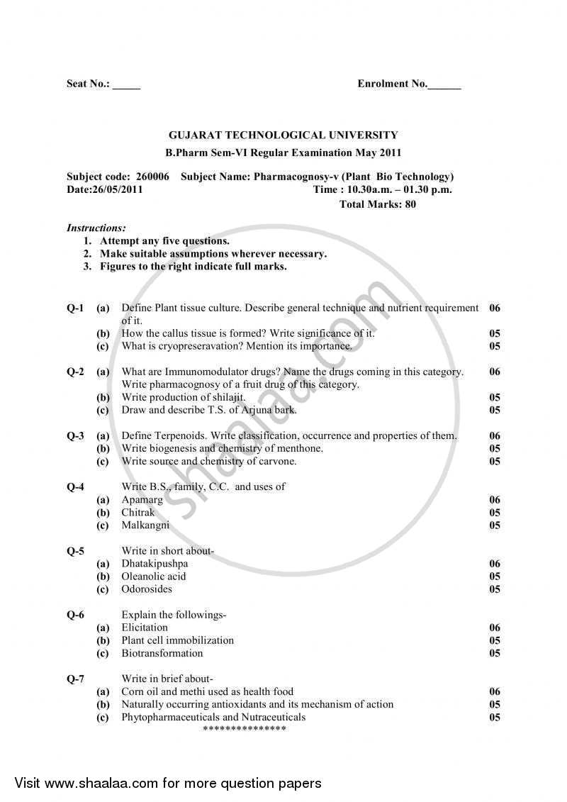 Pharmacognosy 5 (Plant Biotechnology) 2010-2011 - B.Pharm. - Semester 6 - Gujarat Technological University (GTU) question paper with PDF download