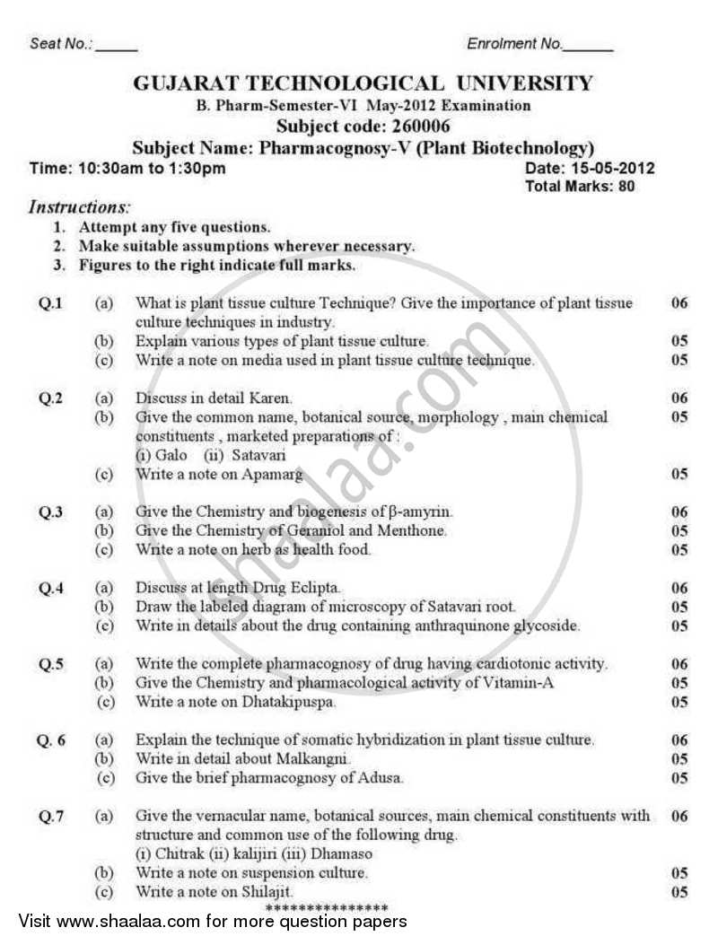 Pharmacognosy 5 (Plant Biotechnology) 2012-2013 - B.Pharm. - Semester 6 - Gujarat Technological University (GTU) question paper with PDF download