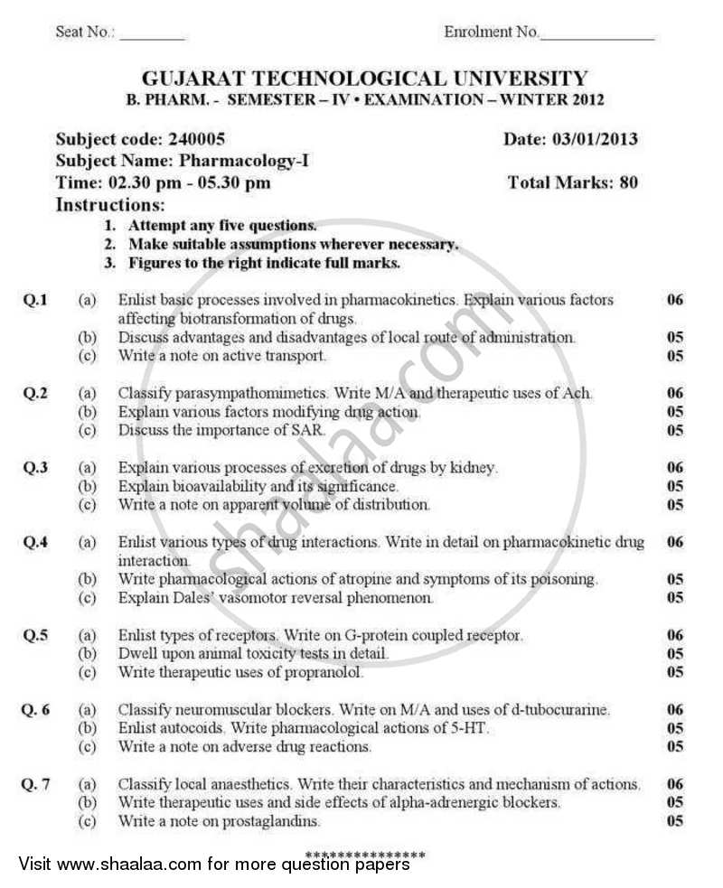 Pharmacology 1 2012-2013 - B.Pharm. - Semester 4 - Gujarat Technological University (GTU) question paper with PDF download