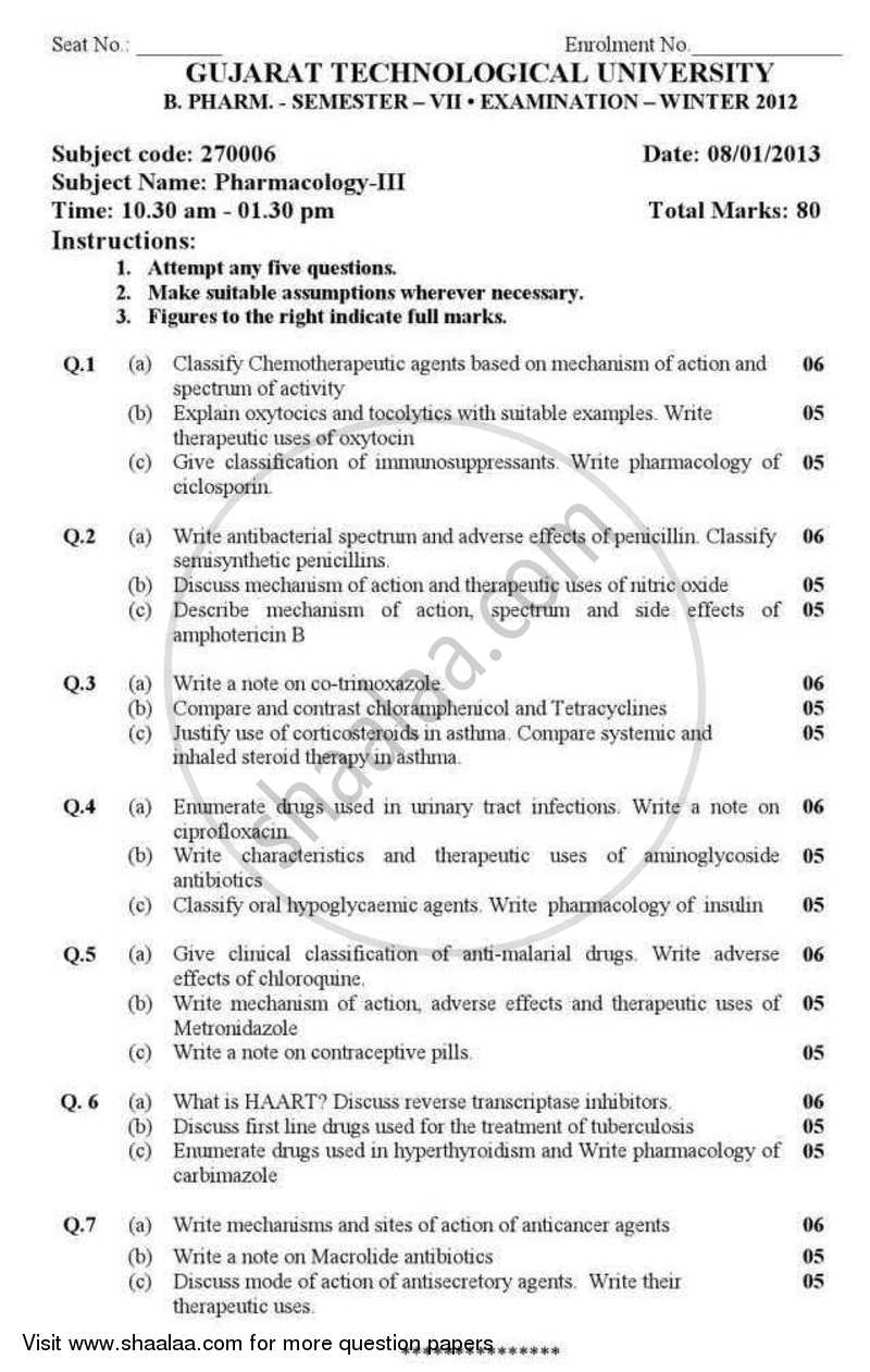 Pharmacology 3 2012-2013 - B.Pharm. - Semester 7 - Gujarat Technological University (GTU) question paper with PDF download