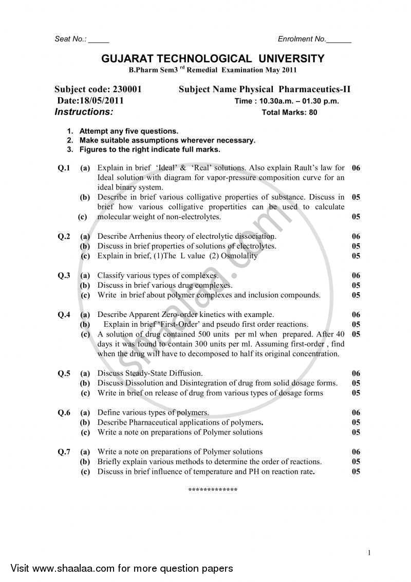 Physical Pharmaceutics 2 2010-2011 - B.Pharm. - Semester 3 - Gujarat Technological University (GTU) question paper with PDF download