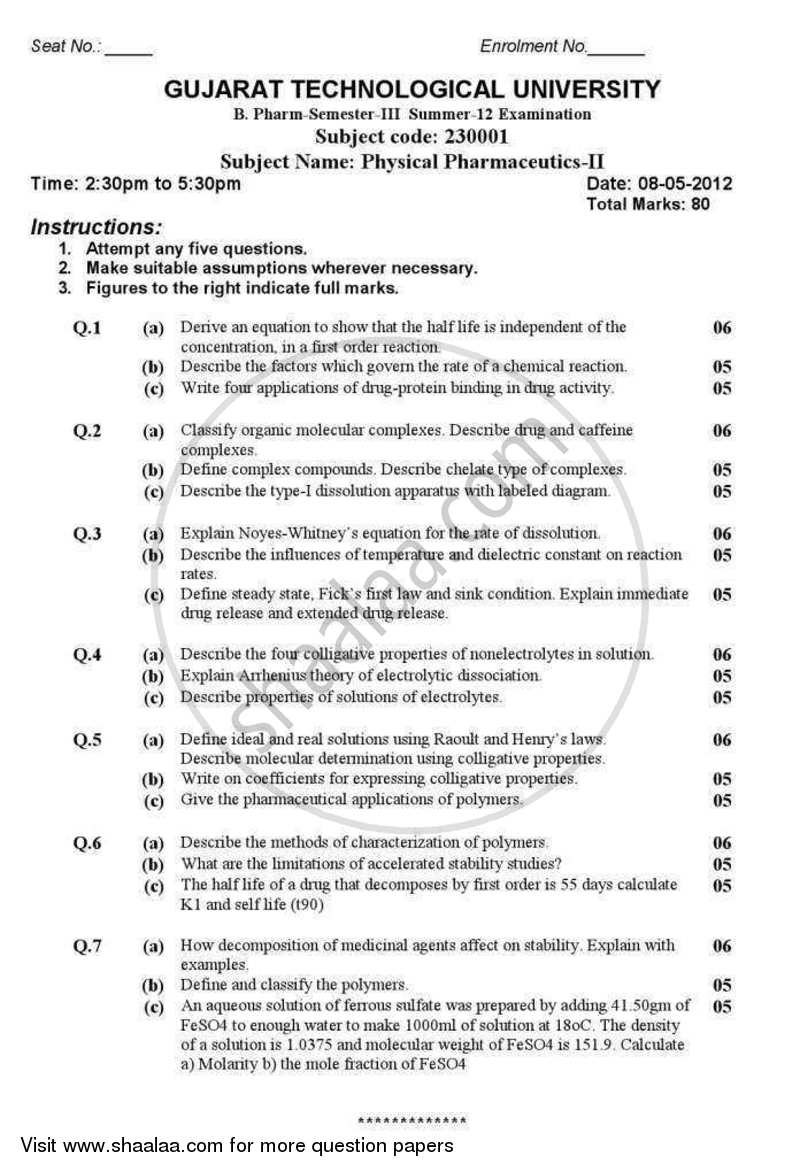 Physical Pharmaceutics 2 2012-2013 - B.Pharm. - Semester 3 - Gujarat Technological University (GTU) question paper with PDF download