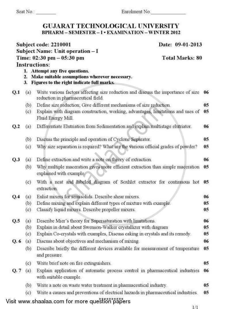 Unit Operations 1 2012-2013 - B.Pharm. - Semester 1 - Gujarat Technological University (GTU) question paper with PDF download
