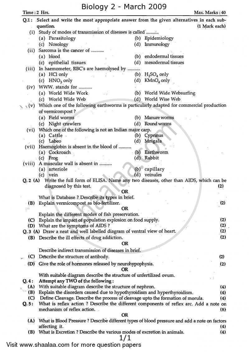 Biology 2 2008-2009 - H.S.C - 12th Standard Board Exam - Maharashtra State Board (MSBSHSE) question paper with PDF download
