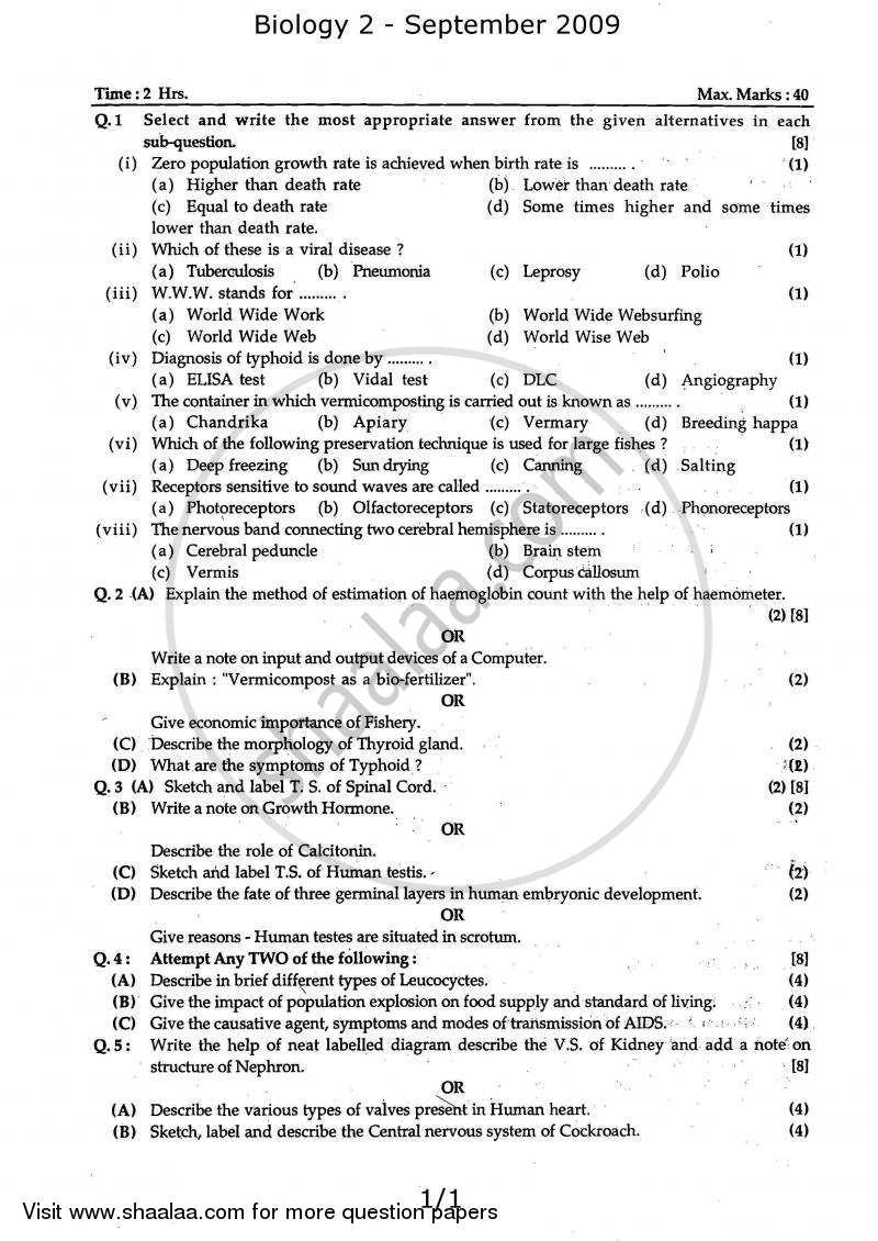 Biology 2 2008-2009 - H.S.C - 12th Standard Board Exam - Maharashtra State Board (MSBSHSE) question paper with PDF download