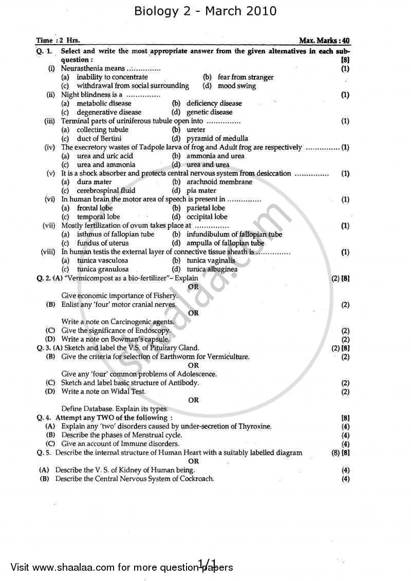 Biology 2 2009-2010 - H.S.C - 12th Standard Board Exam - Maharashtra State Board (MSBSHSE) question paper with PDF download