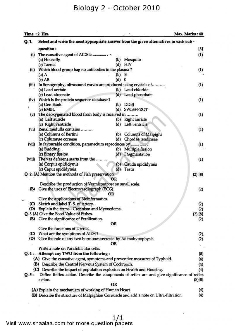 Biology 2 2009-2010 - H.S.C - 12th Standard Board Exam - Maharashtra State Board (MSBSHSE) question paper with PDF download
