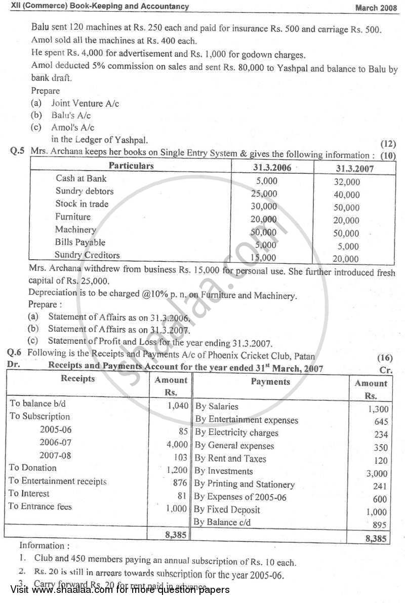 Book Keeping and Accountancy 2007-2008 - H.S.C - 12th Standard Board Exam - Maharashtra State Board (MSBSHSE) question paper with PDF download