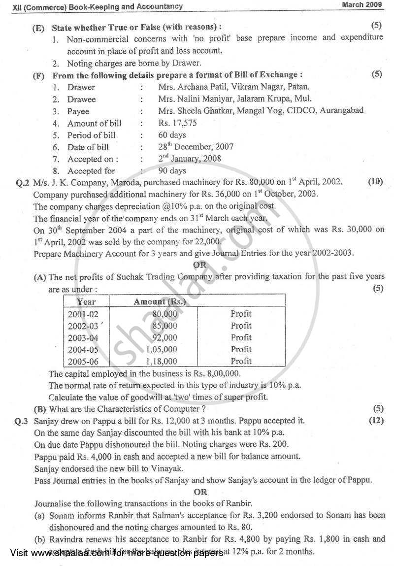 Book Keeping and Accountancy 2008-2009 - H.S.C - 12th Standard Board Exam - Maharashtra State Board (MSBSHSE) question paper with PDF download