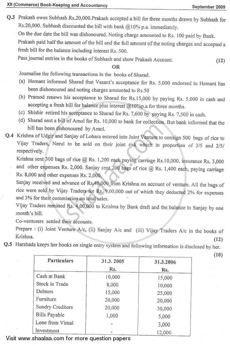 Book Keeping and Accountancy 2008-2009 - H.S.C - 12th Standard Board Exam - Maharashtra State Board (MSBSHSE) question paper with PDF download