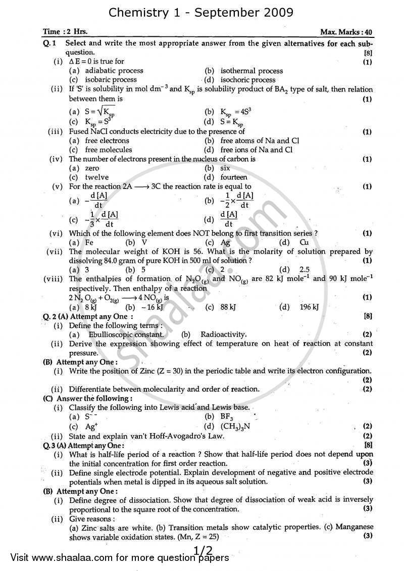 Chemistry 1 2008-2009 - H.S.C - 12th Standard Board Exam - Maharashtra State Board (MSBSHSE) question paper with PDF download