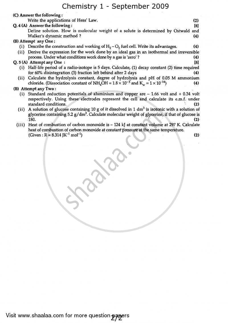 Chemistry 1 2008-2009 - H.S.C - 12th Standard Board Exam - Maharashtra State Board (MSBSHSE) question paper with PDF download