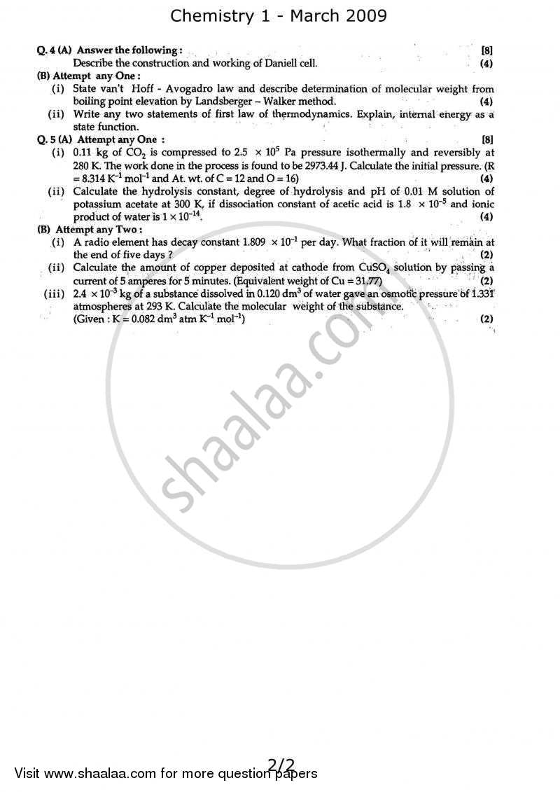 Chemistry 1 2008-2009 - H.S.C - 12th Standard Board Exam - Maharashtra State Board (MSBSHSE) question paper with PDF download