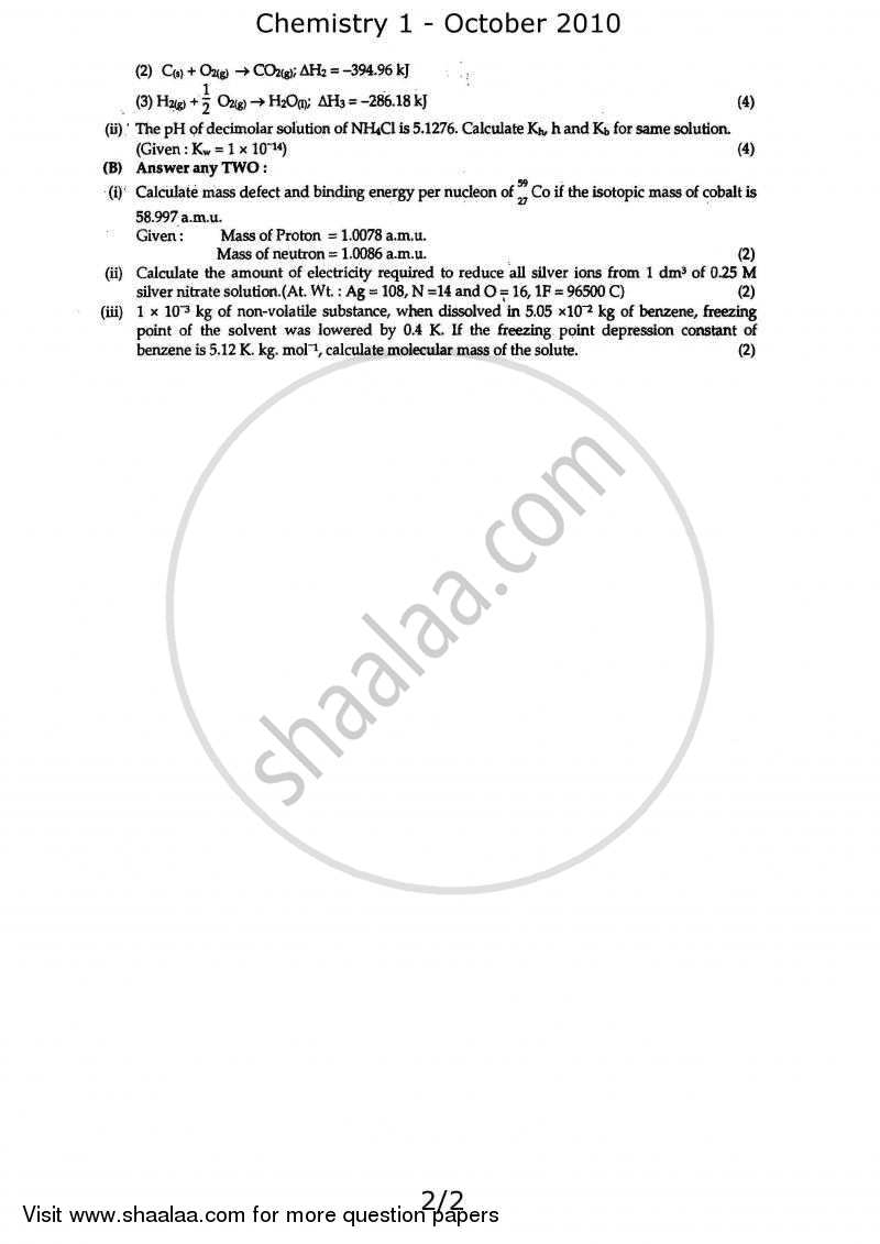 Chemistry 1 2009-2010 - H.S.C - 12th Standard Board Exam - Maharashtra State Board (MSBSHSE) question paper with PDF download