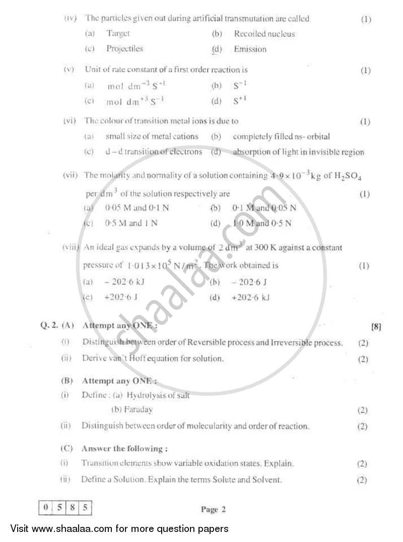 Chemistry 1 2010-2011 - H.S.C - 12th Standard Board Exam - Maharashtra State Board (MSBSHSE) question paper with PDF download