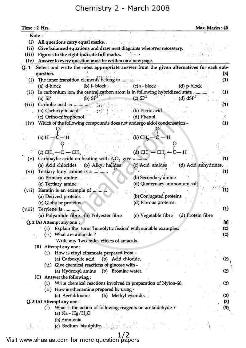 Chemistry 2 2007-2008 - H.S.C - 12th Standard Board Exam - Maharashtra State Board (MSBSHSE) question paper with PDF download