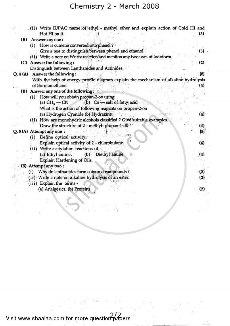 Chemistry 2 2007-2008 - H.S.C - 12th Standard Board Exam - Maharashtra State Board (MSBSHSE) question paper with PDF download