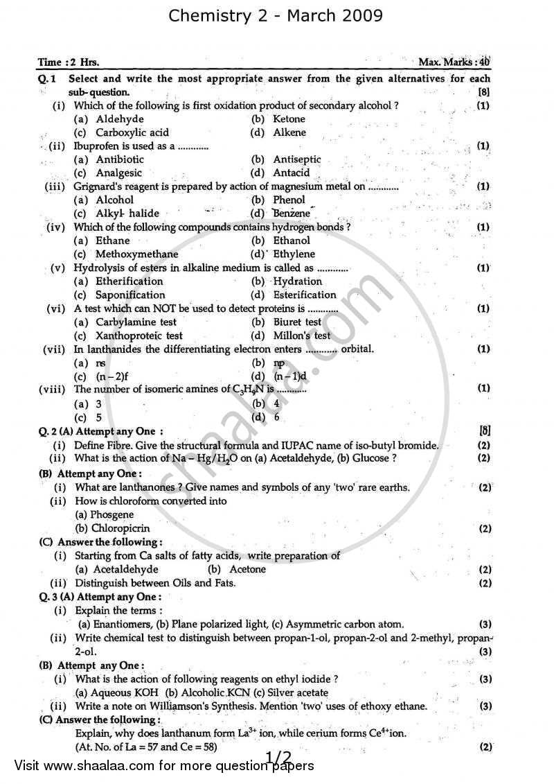 Chemistry 2 2008-2009 - H.S.C - 12th Standard Board Exam - Maharashtra State Board (MSBSHSE) question paper with PDF download