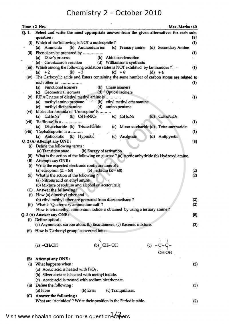 Chemistry 2 2009-2010 - H.S.C - 12th Standard Board Exam - Maharashtra State Board (MSBSHSE) question paper with PDF download