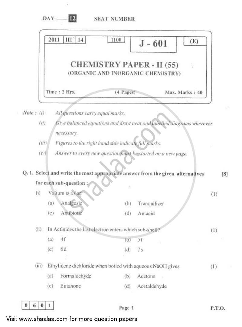 Chemistry 2 2010-2011 - H.S.C - 12th Standard Board Exam - Maharashtra State Board (MSBSHSE) question paper with PDF download