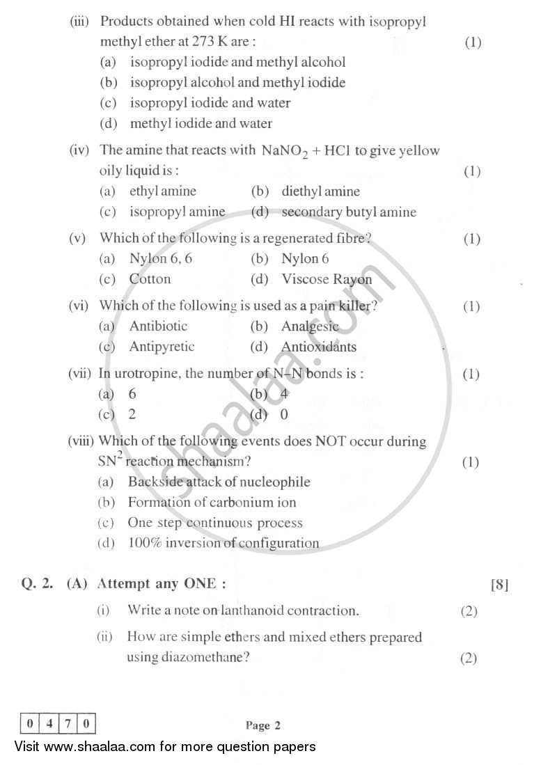 Chemistry 2 2011-2012 - H.S.C - 12th Standard Board Exam - Maharashtra State Board (MSBSHSE) question paper with PDF download