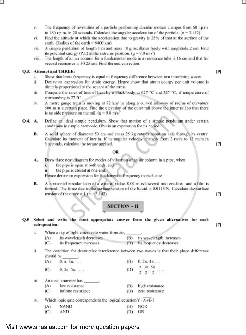 Physics 2017-2018 - H.S.C - 12th Standard Board Exam - Maharashtra State Board (MSBSHSE) question paper with PDF download