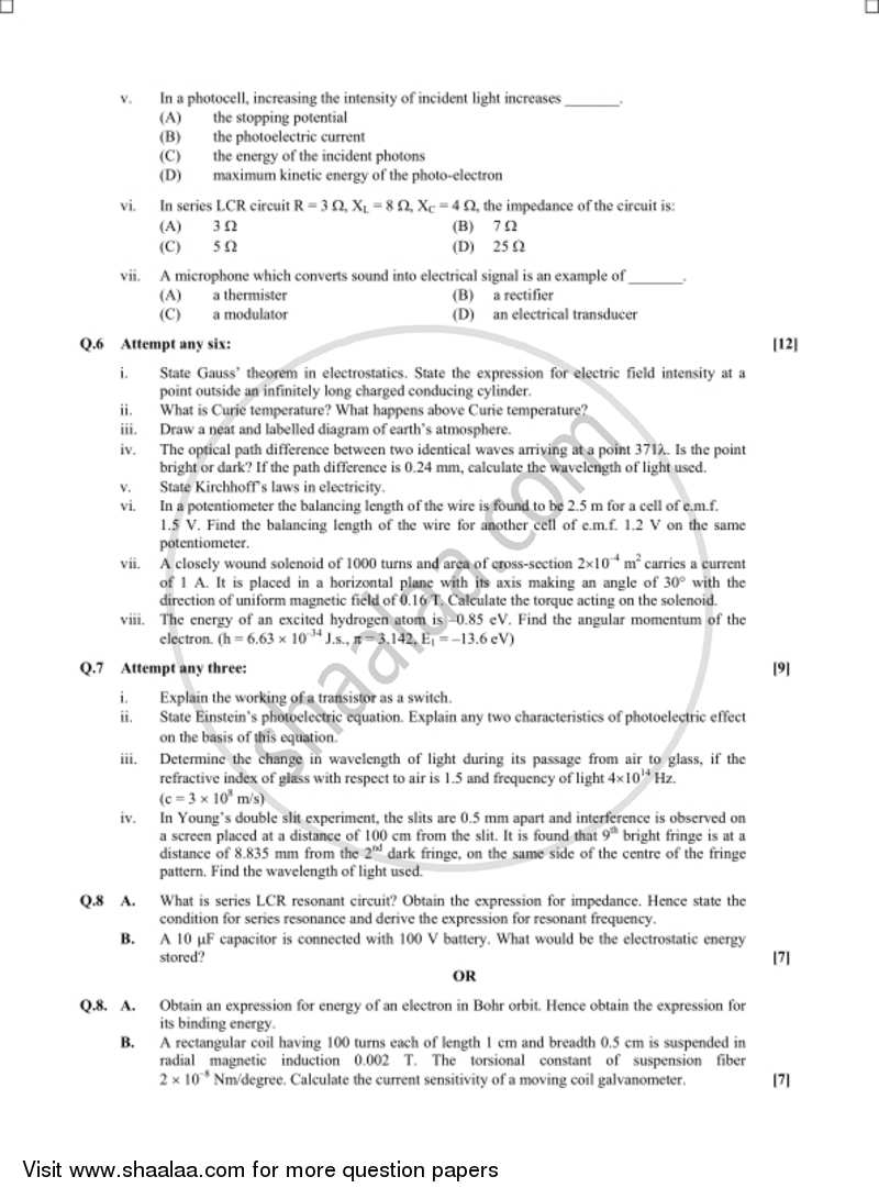 Physics 2017-2018 - H.S.C - 12th Standard Board Exam - Maharashtra State Board (MSBSHSE) question paper with PDF download