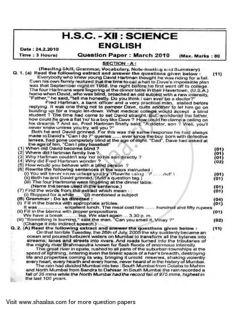 English 2009-2010 - H.S.C - 12th Standard Board Exam - Maharashtra State Board (MSBSHSE) question paper with PDF download
