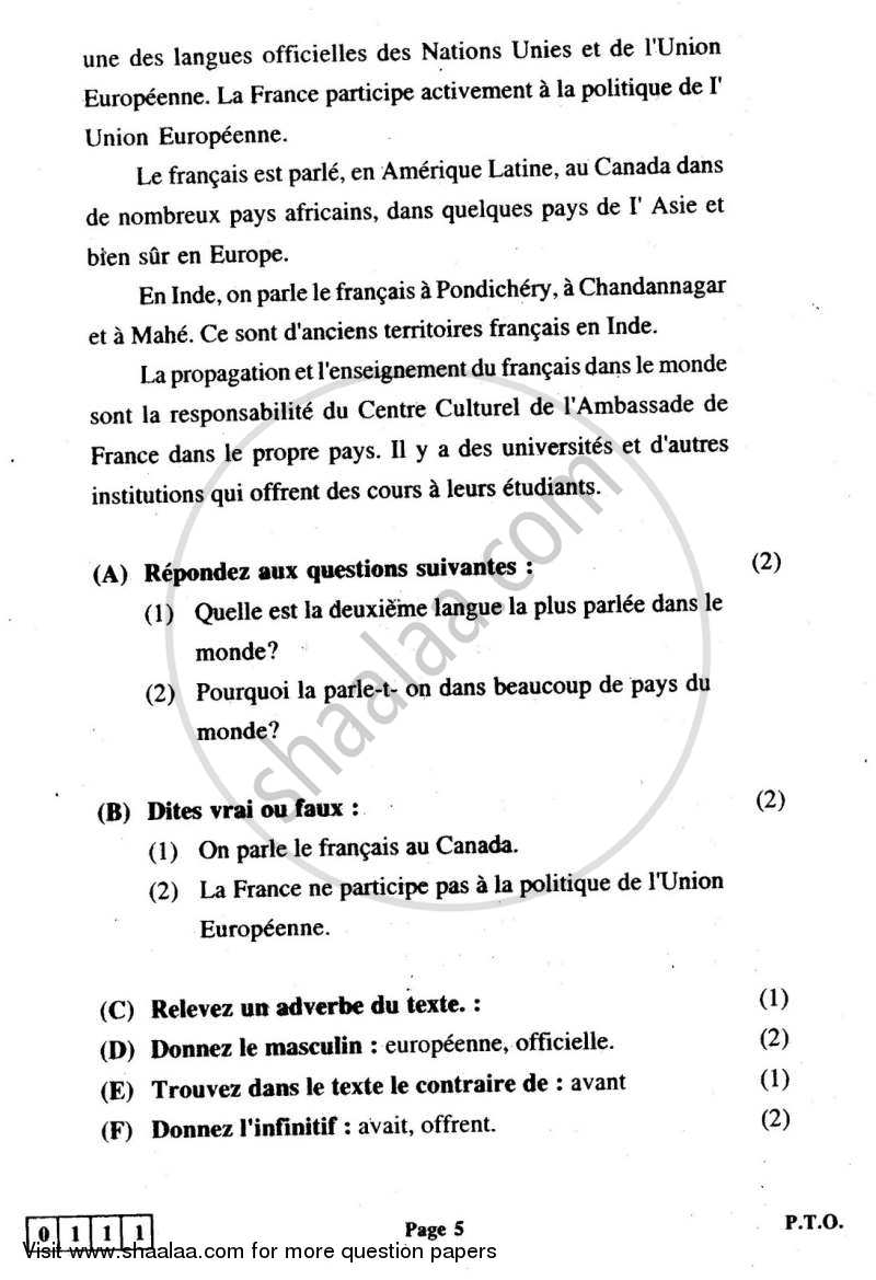 French 2012-2013 - H.S.C - 12th Standard Board Exam - Maharashtra State Board (MSBSHSE) question paper with PDF download