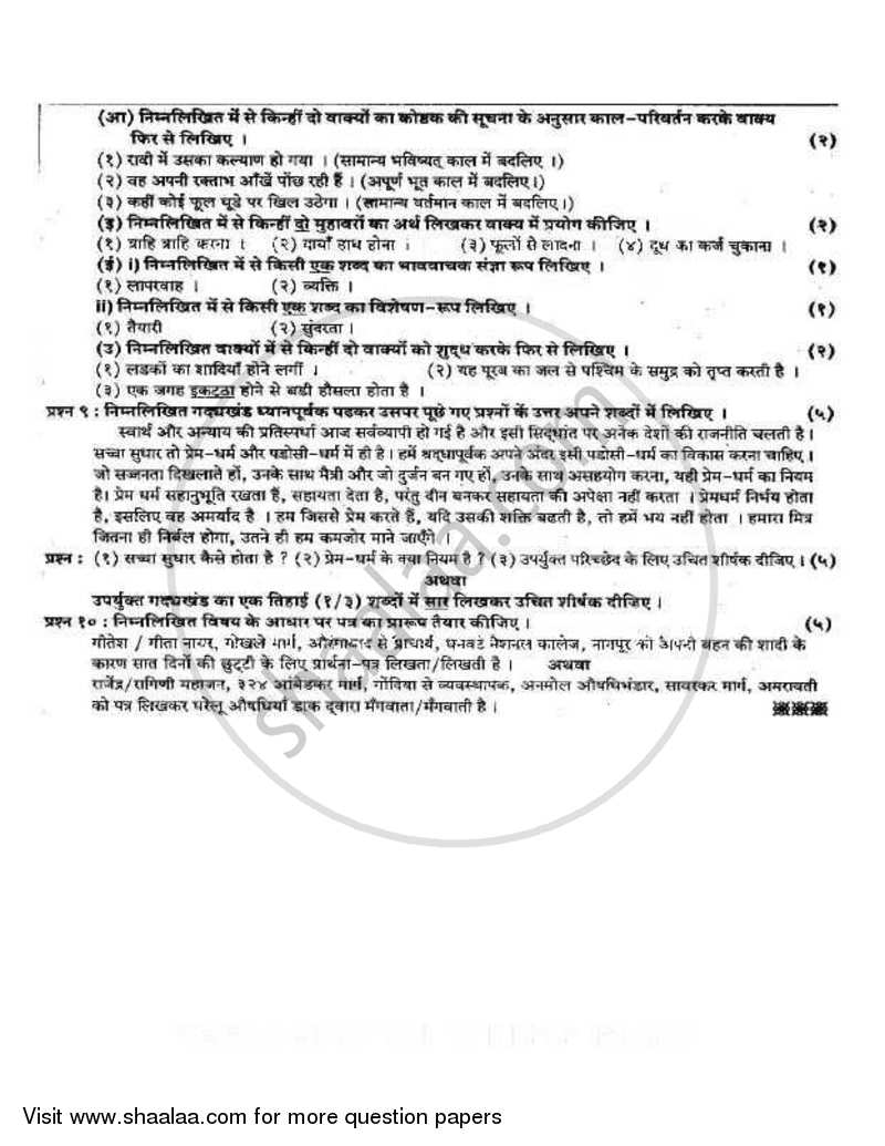 Hindi 2009-2010 - H.S.C - 12th Standard Board Exam - Maharashtra State Board (MSBSHSE) question paper with PDF download