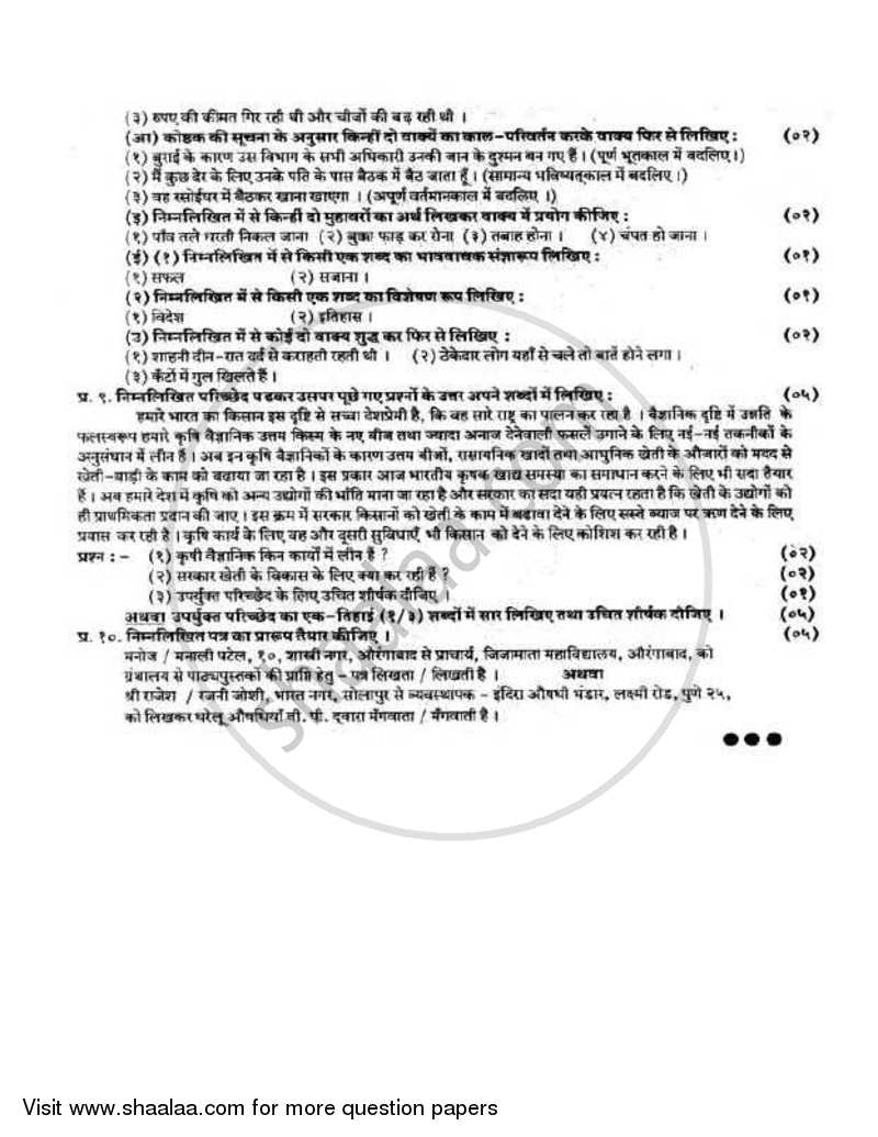 Hindi 2009-2010 - H.S.C - 12th Standard Board Exam - Maharashtra State Board (MSBSHSE) question paper with PDF download