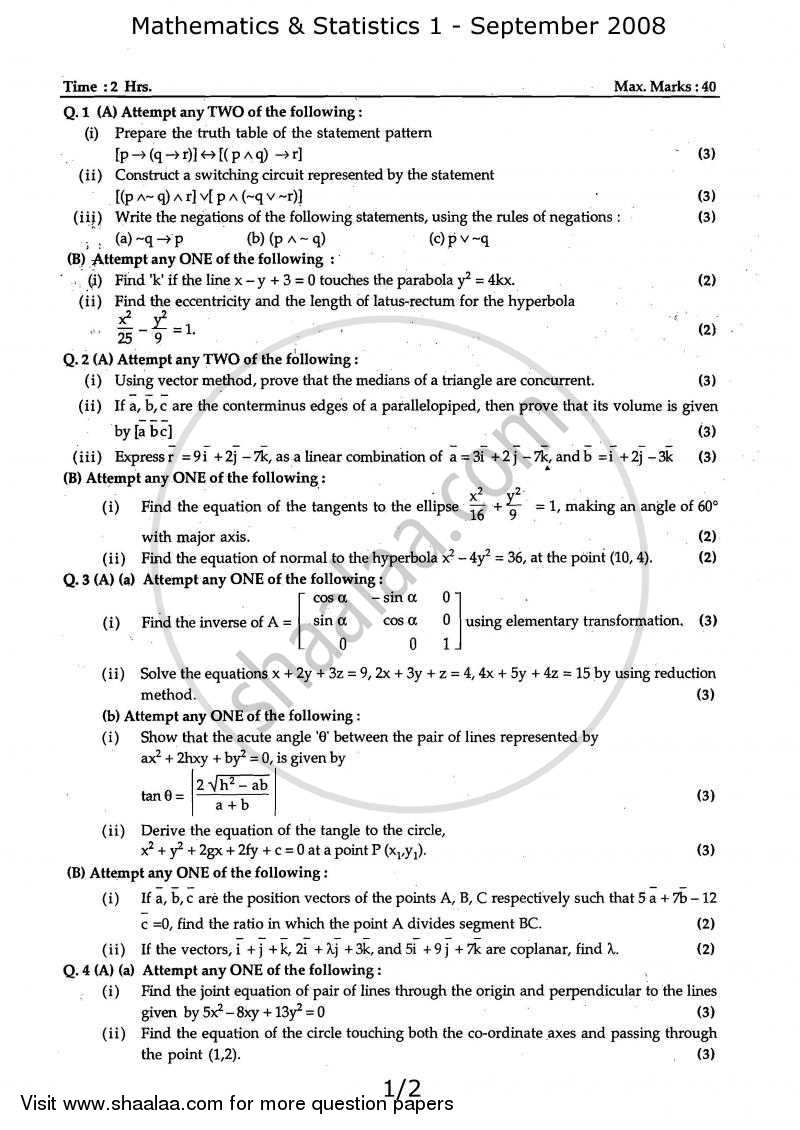 Mathematics and Statistics 1 2007-2008 - H.S.C - 12th Standard Board Exam - Maharashtra State Board (MSBSHSE) question paper with PDF download