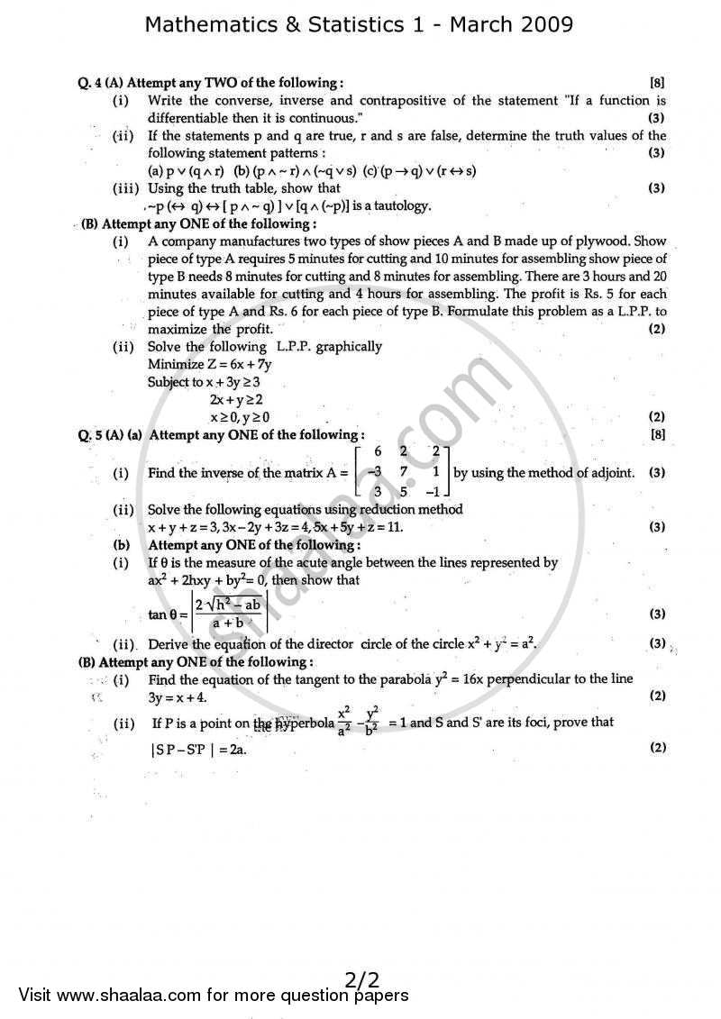 Mathematics and Statistics 1 2008-2009 - H.S.C - 12th Standard Board Exam - Maharashtra State Board (MSBSHSE) question paper with PDF download