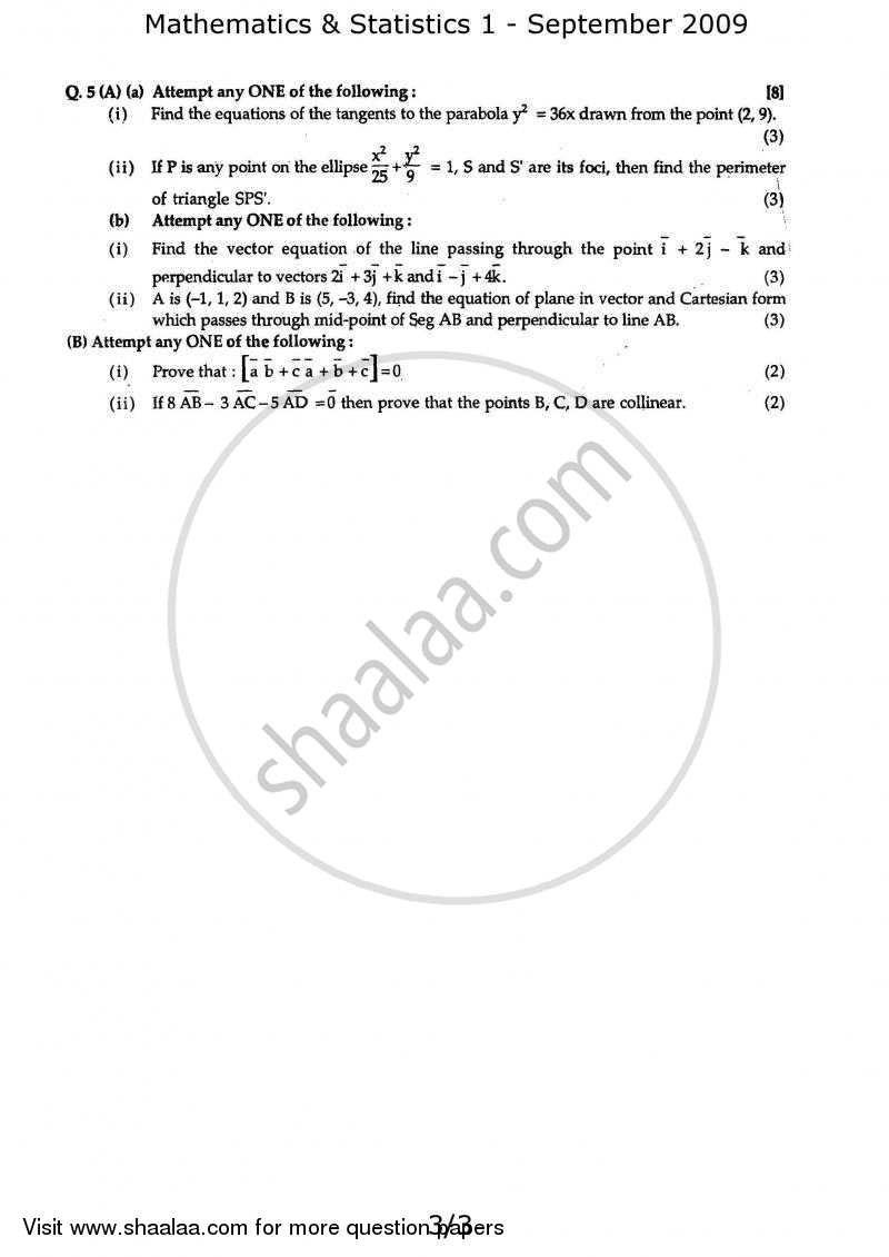 Mathematics and Statistics 1 2008-2009 - H.S.C - 12th Standard Board Exam - Maharashtra State Board (MSBSHSE) question paper with PDF download