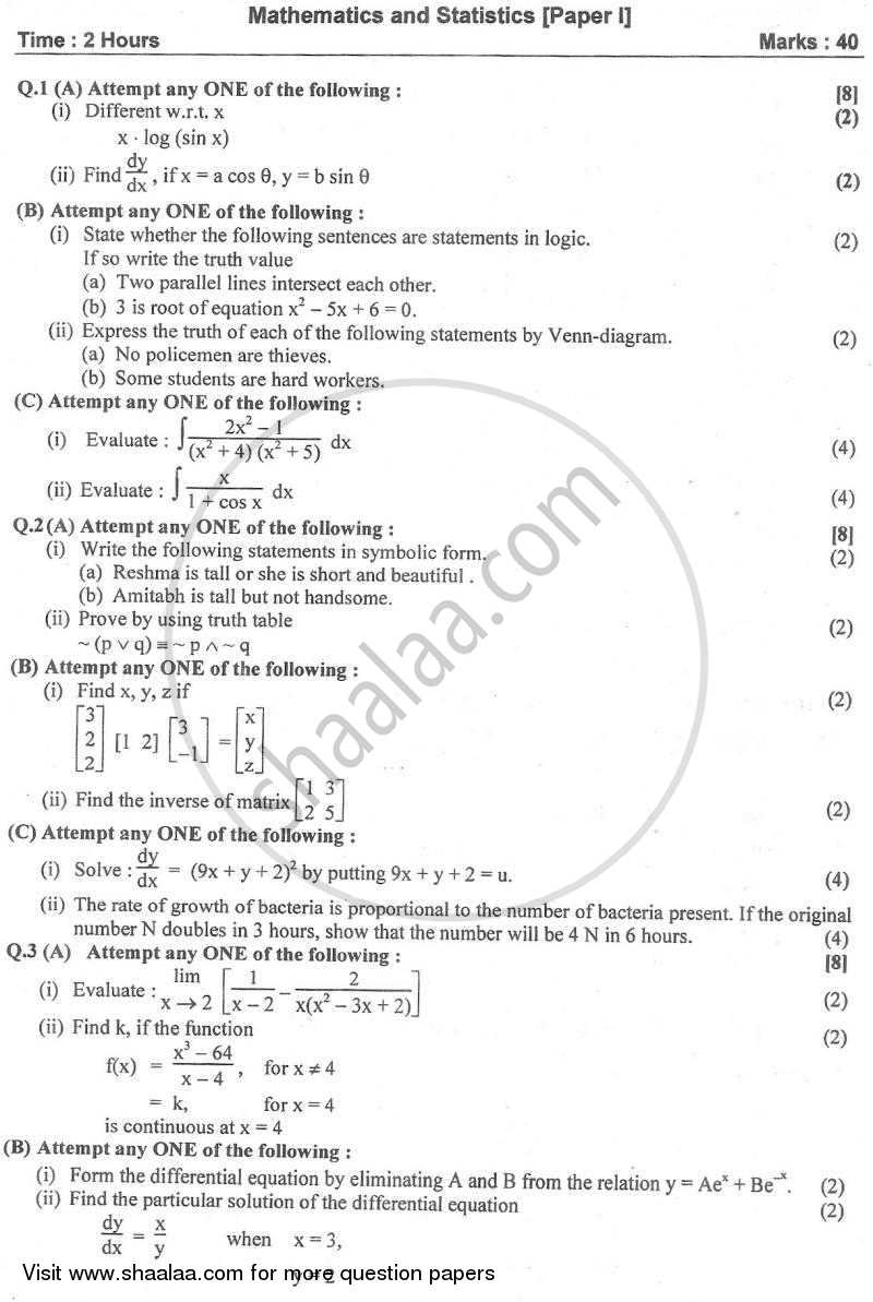 Mathematics and Statistics 1 2008-2009 - H.S.C - 12th Standard Board Exam - Maharashtra State Board (MSBSHSE) question paper with PDF download