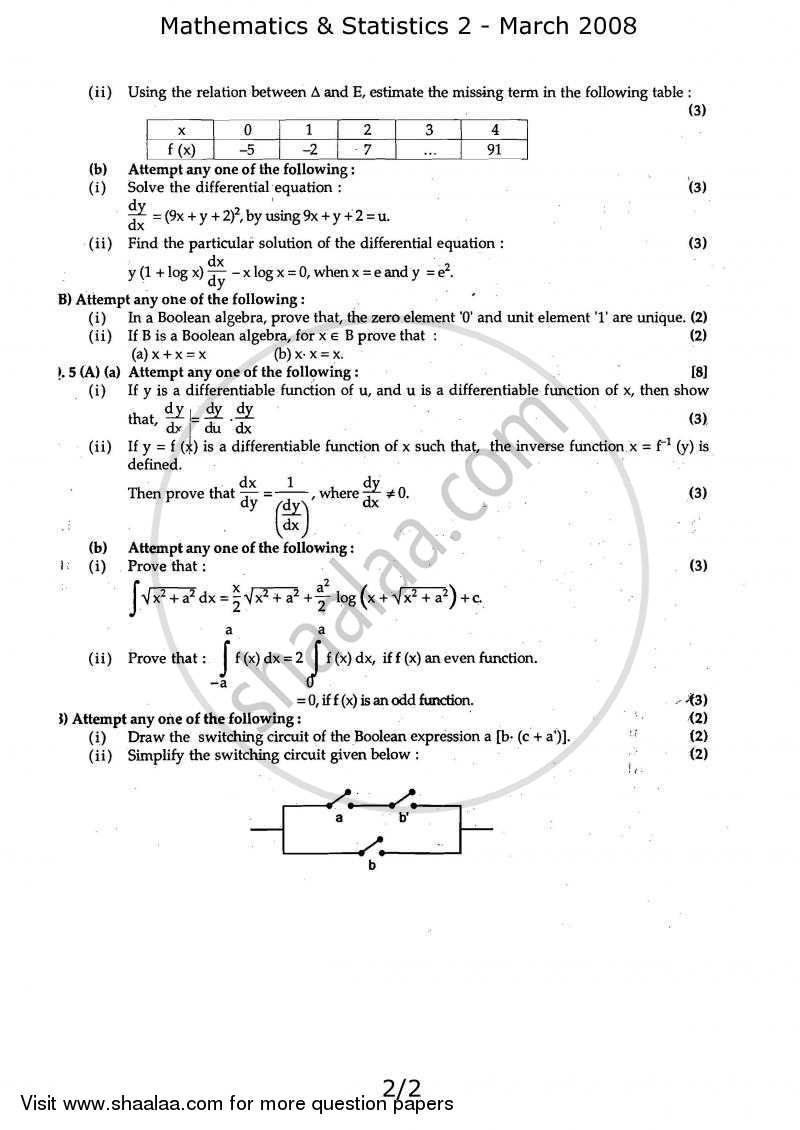 Mathematics and Statistics 2 2007-2008 - H.S.C - 12th Standard Board Exam - Maharashtra State Board (MSBSHSE) question paper with PDF download