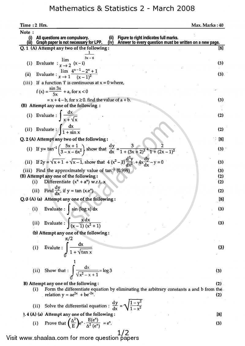 Mathematics and Statistics 2 2007-2008 - H.S.C - 12th Standard Board Exam - Maharashtra State Board (MSBSHSE) question paper with PDF download