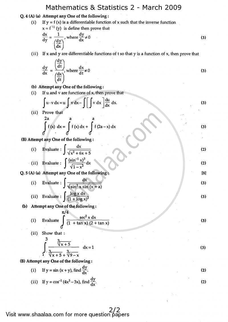 Mathematics and Statistics 2 2008-2009 - H.S.C - 12th Standard Board Exam - Maharashtra State Board (MSBSHSE) question paper with PDF download