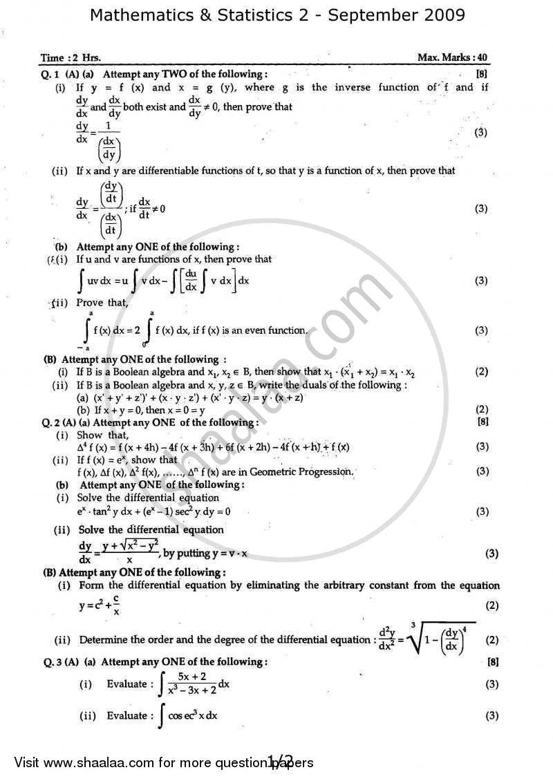 Mathematics and Statistics 2 2008-2009 - H.S.C - 12th Standard Board Exam - Maharashtra State Board (MSBSHSE) question paper with PDF download