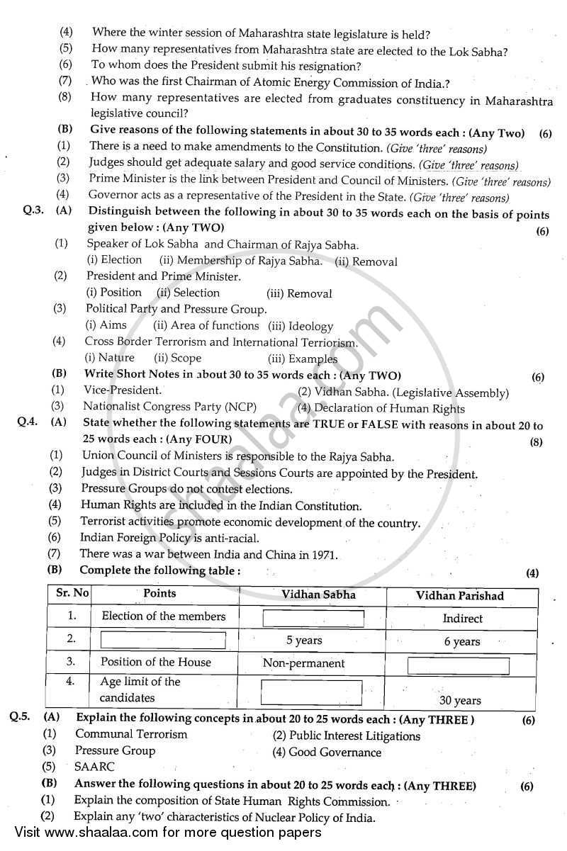 Political Science 2007-2008 - H.S.C - 12th Standard Board Exam - Maharashtra State Board (MSBSHSE) question paper with PDF download