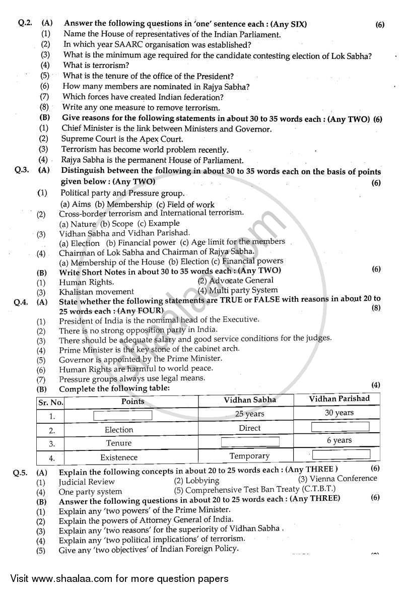 Political Science 2008-2009 - H.S.C - 12th Standard Board Exam - Maharashtra State Board (MSBSHSE) question paper with PDF download