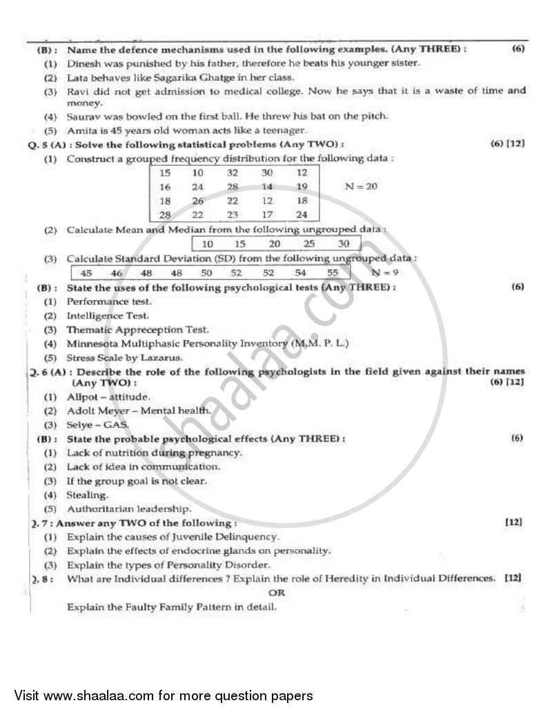 Psychology 2009-2010 - H.S.C - 12th Standard Board Exam - Maharashtra State Board (MSBSHSE) question paper with PDF download