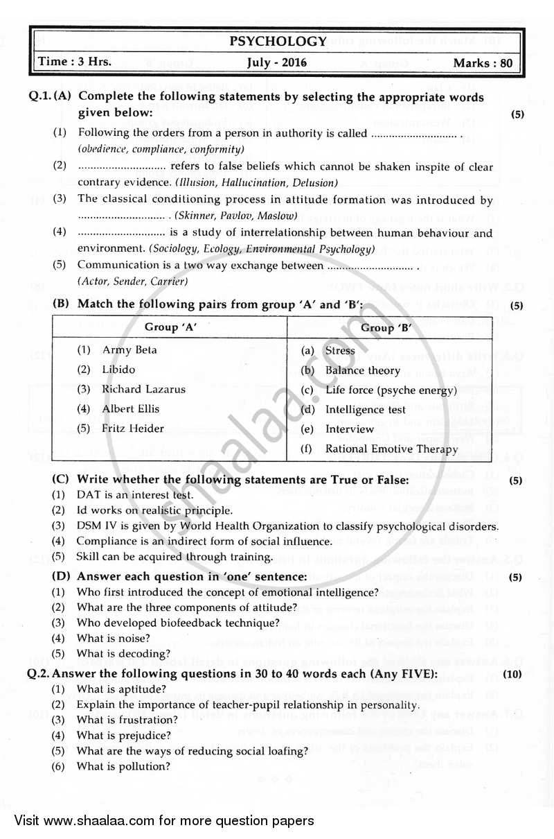 Psychology 2015-2016 - H.S.C - 12th Standard Board Exam - Maharashtra State Board (MSBSHSE) question paper with PDF download