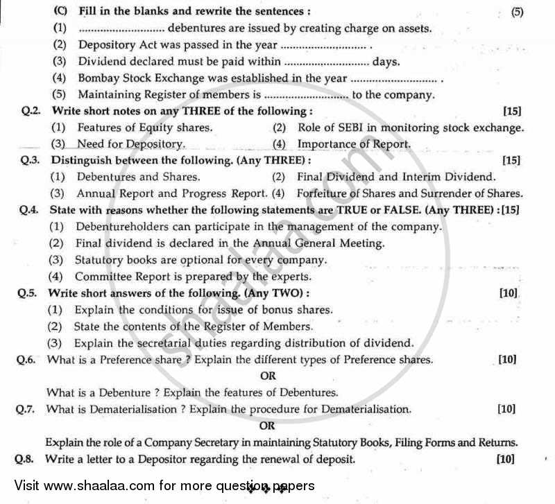 Secretarial Practice 2009-2010 - H.S.C - 12th Standard Board Exam - Maharashtra State Board (MSBSHSE) question paper with PDF download